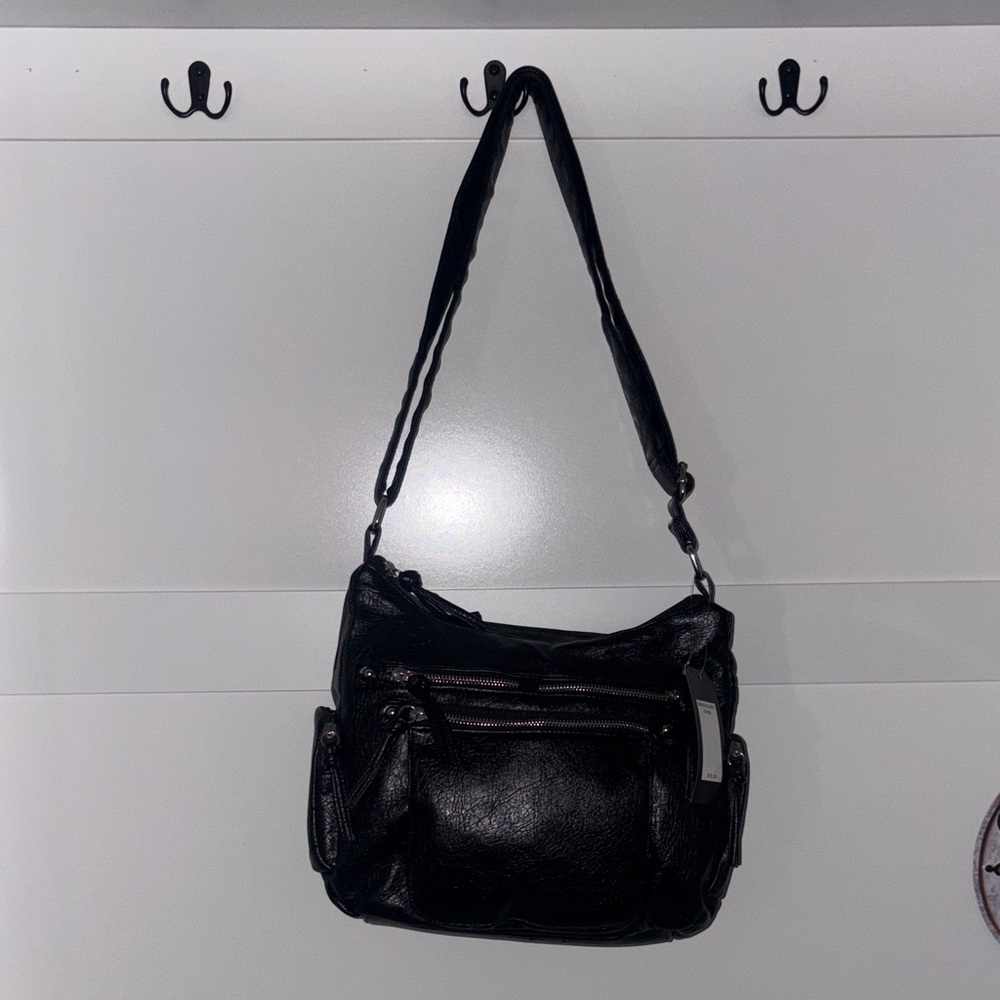 Everyday Black Shoulder Bag with Front Zip Pockets